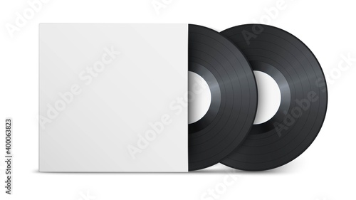 Two realistic vintage vinyl record with white blank cover isolated on white background. Mock up template for your design. Gramophone LP vinyl record with label. Retro design.