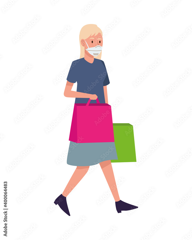 woman wearing medical mask with shopping bag character