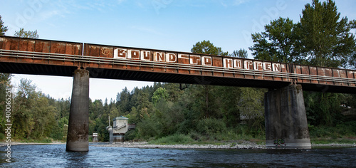 Bound To Happen Graffiti on Train Bridge over Clackamas River in Gladstone, Oregon, Panorama