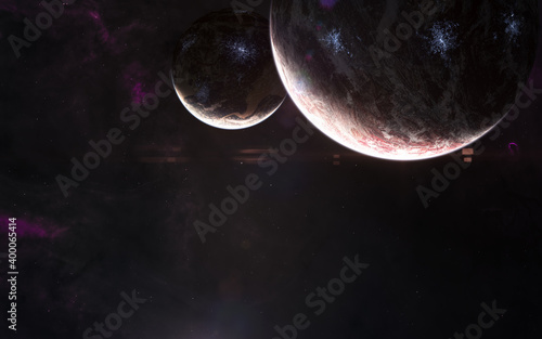 Inhabited planets against background of deep space nebulae. Science fiction. Elements of this image furnished by NASA