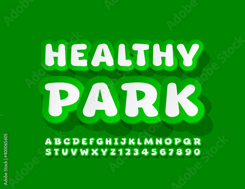 Vector green emblem Healthy Park. Sticker style Font. Creative Alphabet Letters and Numbers set