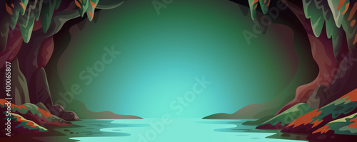 Cave - vector cartoon background. Cavern landscape with an underground river in greenish-blue colors. Vector illustration in flat cartoon style.