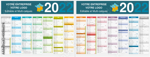 Calendrier 2022 14 mois avec vacances scolaires officielles au format 320 x 420 mm recto verso entièrement modifiable via calques et texte arial	