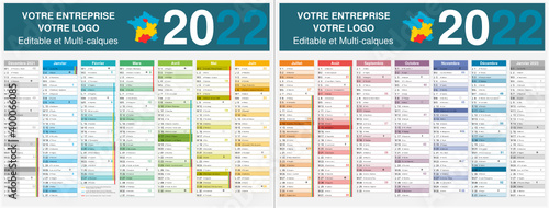Calendrier 2022 14 mois avec vacances scolaires officielles au format 320 x 420 mm recto verso entièrement modifiable via calques et texte arial	