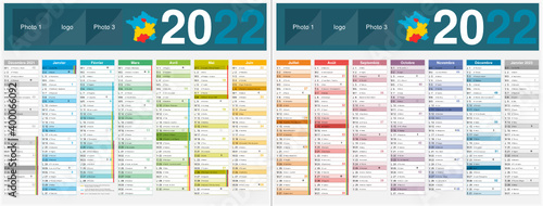 Calendrier 2022 14 mois avec vacances scolaires officielles au format 320 x 420 mm recto verso entièrement modifiable via calques et texte arial	