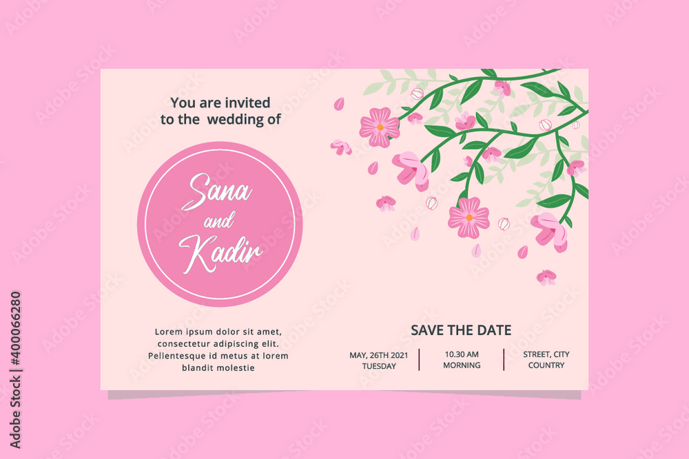 Pink wedding invitation card. Floral wedding invitation card with pink background.