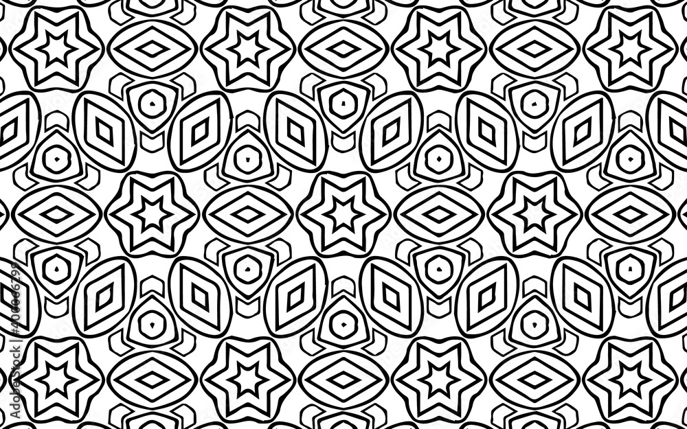 Black white geometric pattern of circles, stars, polygons, ovals, dots.Vector graphics for design and decoration, coloring book.