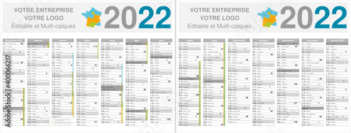Calendrier 2022 14 mois avec vacances scolaires officielles au format 320 x 420 mm recto verso entièrement modifiable via calques et texte arial	