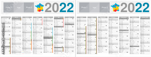 Calendrier 2022 14 mois avec vacances scolaires officielles au format 320 x 420 mm recto verso entièrement modifiable via calques et texte arial	