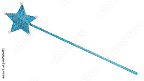 Foto Blue toy magic wand casting stick with star on top isolated white background