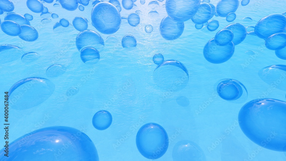 Abstract background of blue bubbles in water 3d render