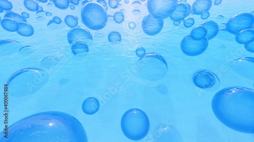 Abstract background of blue bubbles in water 3d render