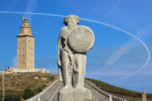 Shot of the Breogan statue and Hercules lighthouse in Spain photo