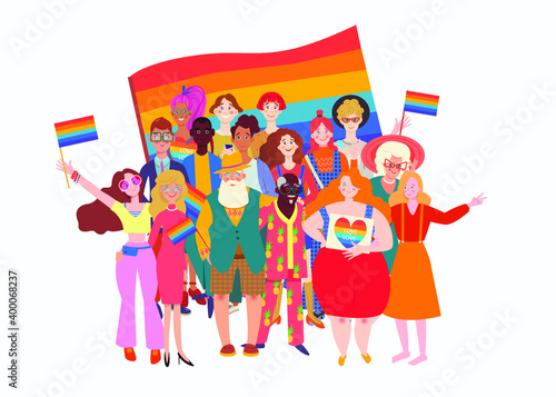 Big group of diverse people participating in a pride parade. LGBT community, Social diversity, gay relationship, large LGBT family group.