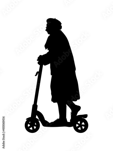 Silhouette senior woman grandma on the scooter.
