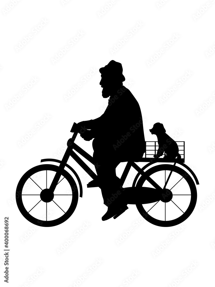 Obraz premium Silhouette senior man grandfather is riding bicycle with dog.