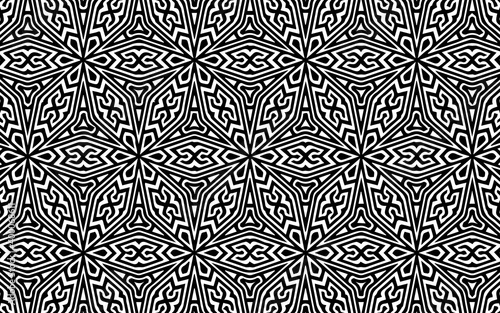 Black white original geometric pattern from abstract shapes in African, Mexican folk traditions. Ethnic background for design and decor, wallpaper, business cards, textiles and coloring book. 