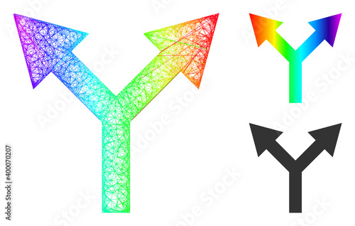Spectral vibrant network bifurcation arrow up, and solid spectral gradient bifurcation arrow up icon. Wire carcass 2D network abstract image based on bifurcation arrow up icon,