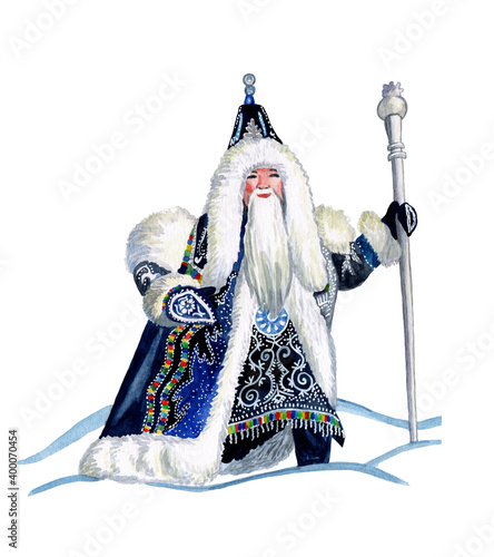 Chyskhaan-the lord of cold in Yakutia. Yakut Santa Claus. A fairy-tale character drawn in watercolor, isolated on a white background. photo