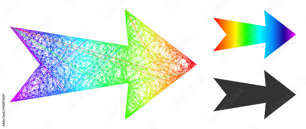 Spectrum colored net mesh arrow right, and solid spectrum gradient arrow right icon. Wire carcass flat net geometric image based on arrow right icon, generated with crossing lines. Spectrum colored net mesh arrow right, and solid spectrum gradient arrow right icon. Wire carcass flat net geometric image based on arrow right icon, generated with crossing lines.