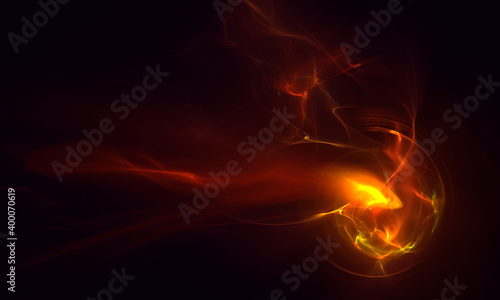 Abstract fireball over dark background. Flame in motion. Dynamic hot shape. Thrown ball on fire. Expressive background suits for web design needs.