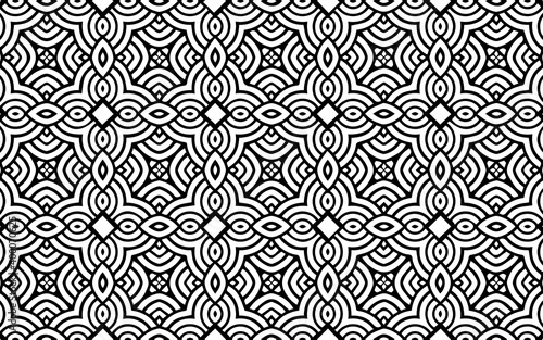 Black white original geometric background from a pattern of abstract shapes with intertwined lines in ethnic folk traditions.Vector graphics for design and decor, wallpaper, business cards.