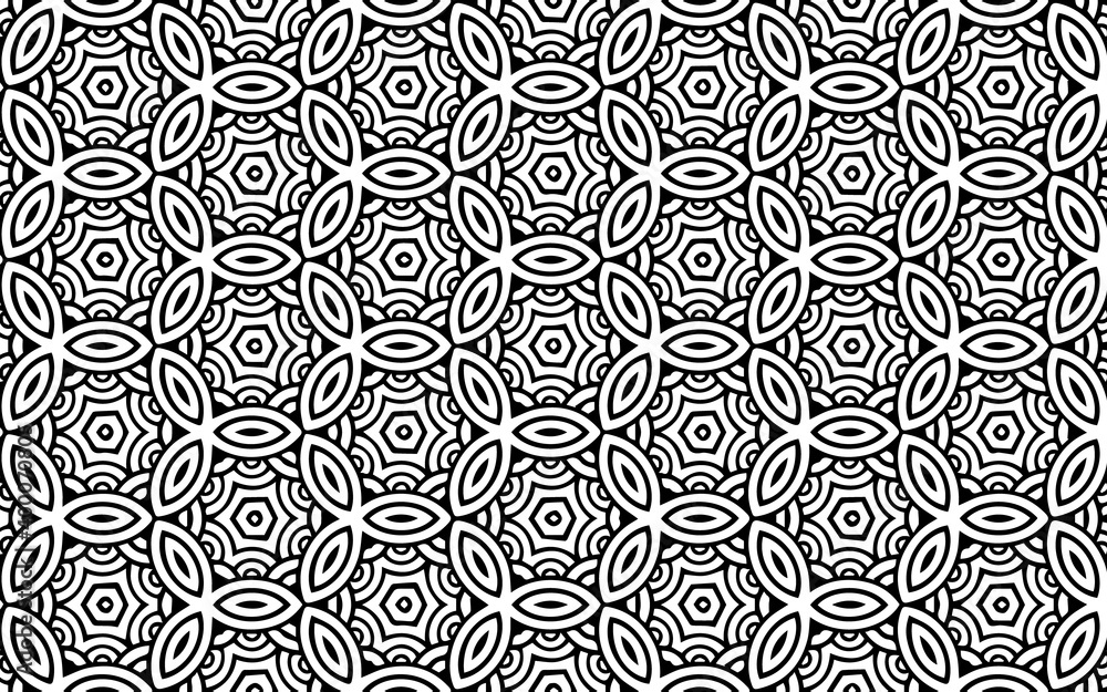 Black and white original geometric background from a pattern of abstract shapes in ethnic Indian traditions in the style of doodling. Vector graphics for design and decor, wallpapers, business cards, 