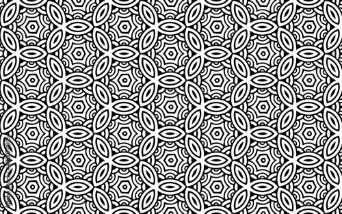 Black and white original geometric background from a pattern of abstract shapes in ethnic Indian traditions in the style of doodling. Vector graphics for design and decor, wallpapers, business cards, 