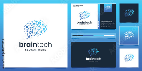 Brain connection logo design. digital brain dot logo and business card.