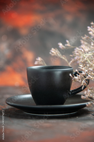 front view black cup and saucer dried flower branch on dark red background