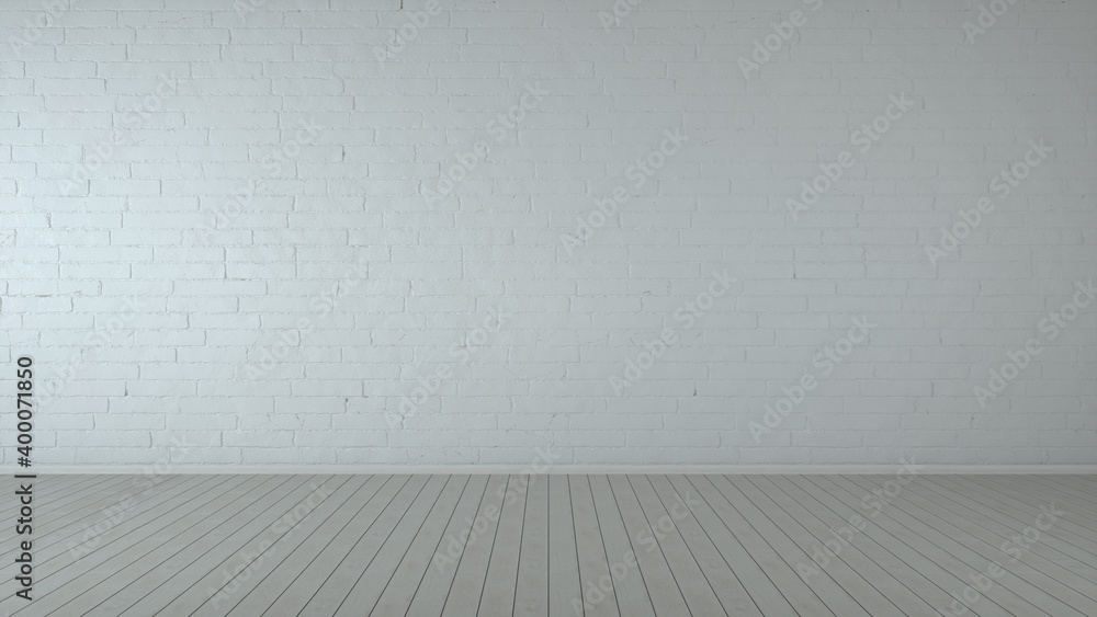 White empty place with wooden floors and brick wall. Mock up template for display or montage of product. 3d rendering White empty place with wooden floors and brick wall. Mock up template for display or montage of product. 3d rendering