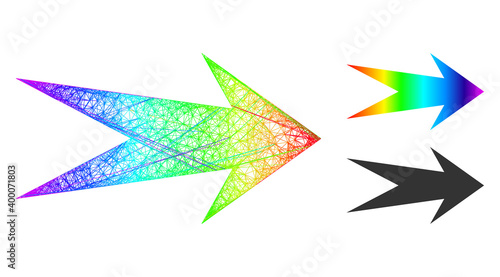 Spectral colorful network arrow right, and solid spectral gradient arrow right icon. Hatched carcass flat network abstract symbol based on arrow right icon, is made from crossed lines.