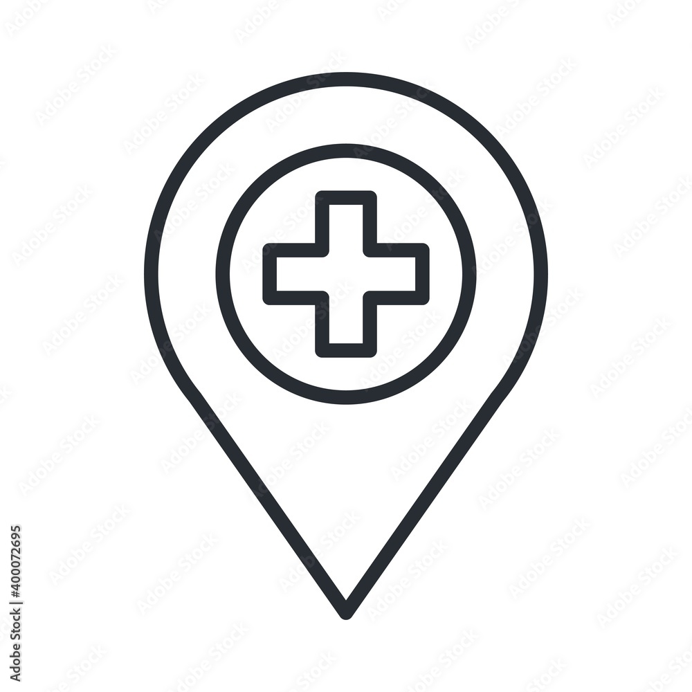 Hospital map location icon in flat design style. Hospital map location icon in flat design style.