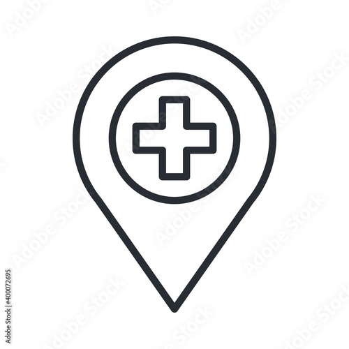 Hospital map location icon in flat design style.