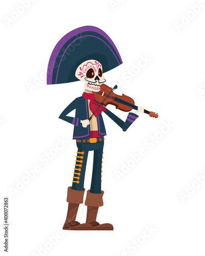 traditional mexican mariachi skull playing fiddle character