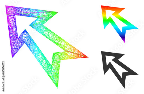 Rainbow colorful network arrow left up, and solid rainbow gradient arrow left up icon. Linear frame flat network geometric image based on arrow left up icon, generated from crossing lines.