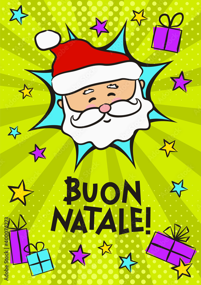 Italian Merry Christmas pop art banner with Santa Claus. Comic greeting card for Italy with Merry Christmas, gifts and stars. Vector illustration. Translation: Merry Christmas Italian Merry Christmas pop art banner with Santa Claus. Comic greeting card for Italy with Merry Christmas, gifts and stars. Vector illustration. Translation: Merry Christmas