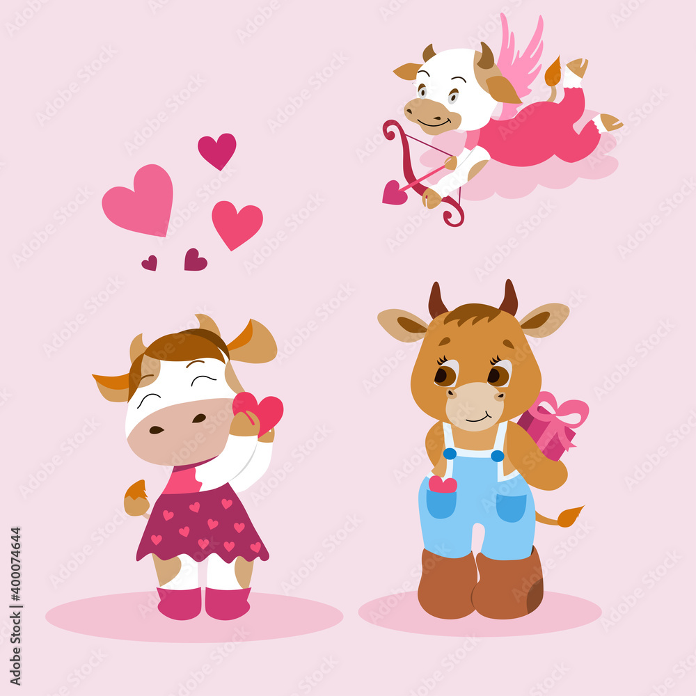 Bulls in love. The bull gives a gift to the ladybug for the holiday Valentines Day. A cow holding a valentine. Celebrating Valentines Day. Bull valentine angel with wings and arrows of love. Bulls in love. The bull gives a gift to the ladybug for the holiday Valentines Day. A cow holding a valentine. Celebrating Valentines Day. Bull valentine angel with wings and arrows of love.
