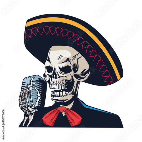 traditional mexican mariachi skull singing with microphone character