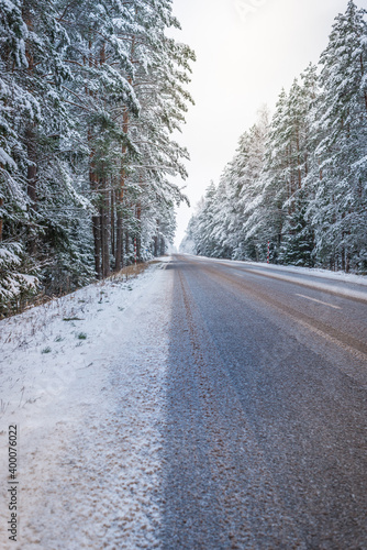 Snow covered asphalt road in the forest. The road through the winter forest.