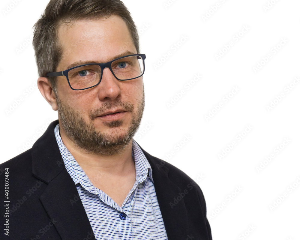 Close portrait of caucasian unshaven business man watching in camera isolated on white background. Casual style man in jacket and shirt with no tie. Close portrait of caucasian unshaven business man watching in camera isolated on white background. Casual style man in jacket and shirt with no tie.