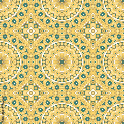 Ethnic tight vector pattern. Yellow rhombus and circle mandalas