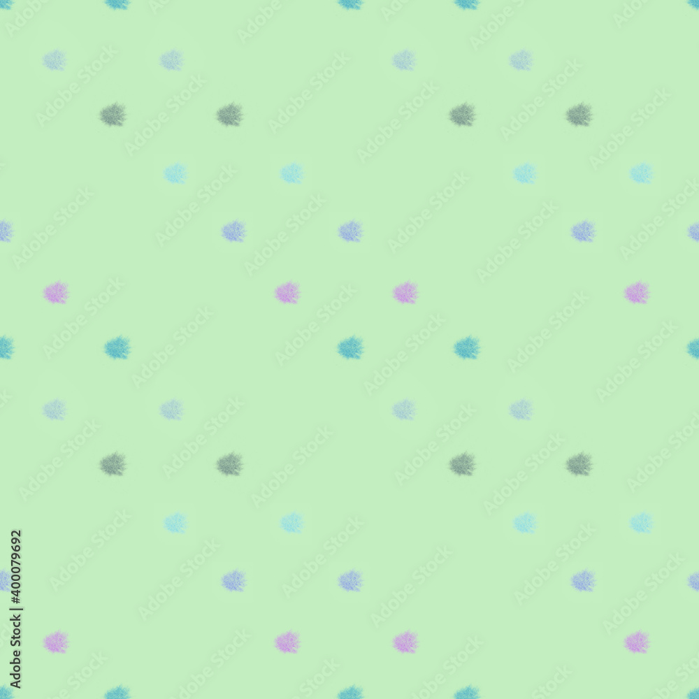 Polka dot style seamless pattern. Watercolor colorful splashes on a light-green pastel background.