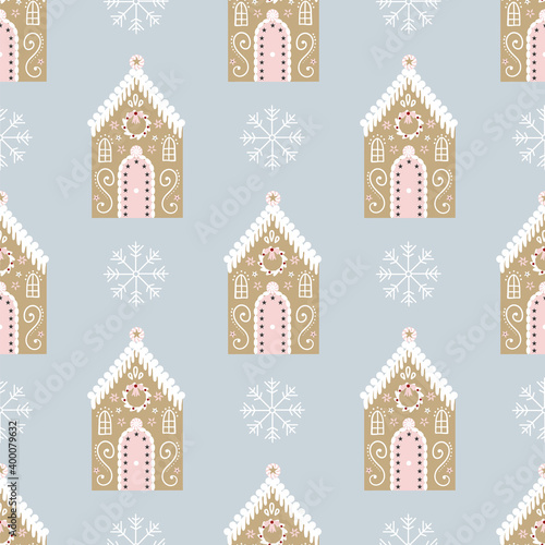 Vector illustration gingerbread house and snowflakes seamless repeat pattern on a light blue background.