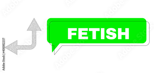 Shifted Fetish green phrase speech shape and bifurcation arrow left up mesh model. Vector flat bifurcation arrow left up, created from triangular grid.