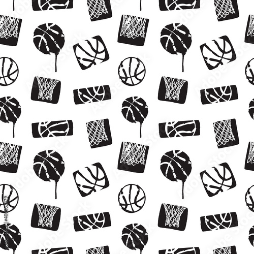 Seamless pattern with basketball balls and hoop on a white background. Abstract background for sports designs, hand drawing, grunge style, brush.
