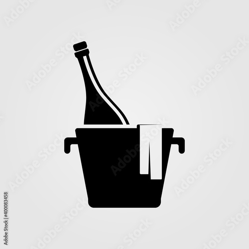 Flat bottle of champagne on ice icon. Vector illustration.
