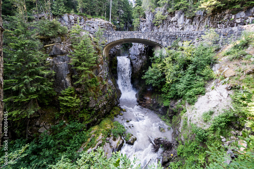 Christine Falls in Mt Rainier National Park is a waterfall with a picturesque bridge