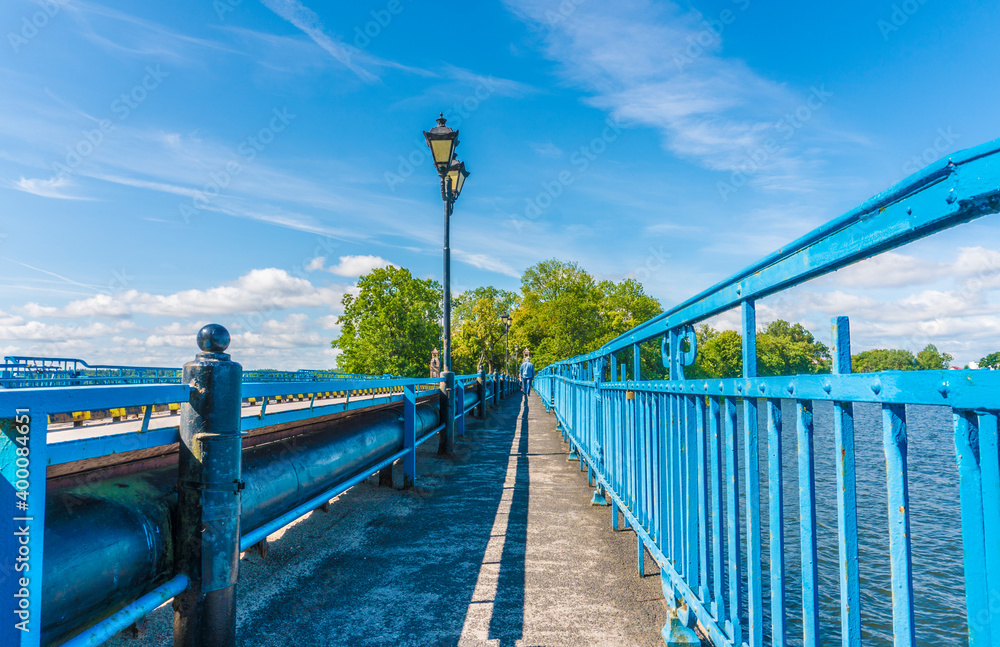Blue bridge at the lake in Elk town, Poland