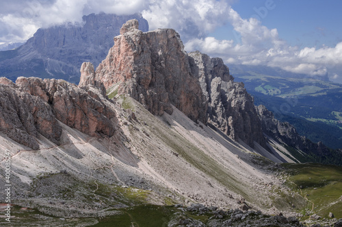 Chedul valley with Pizes da Cier mountain range on the left and Mont de Seura mountain on the right, as seen from Crespeina pass, Puez-Odle Nature park, Dolomites, South Tirol, Italy. photo